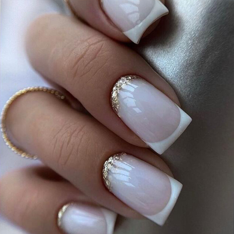 Nude Color Glitter False Nail Medium Square Press on Nails for Nail Art 24pcs