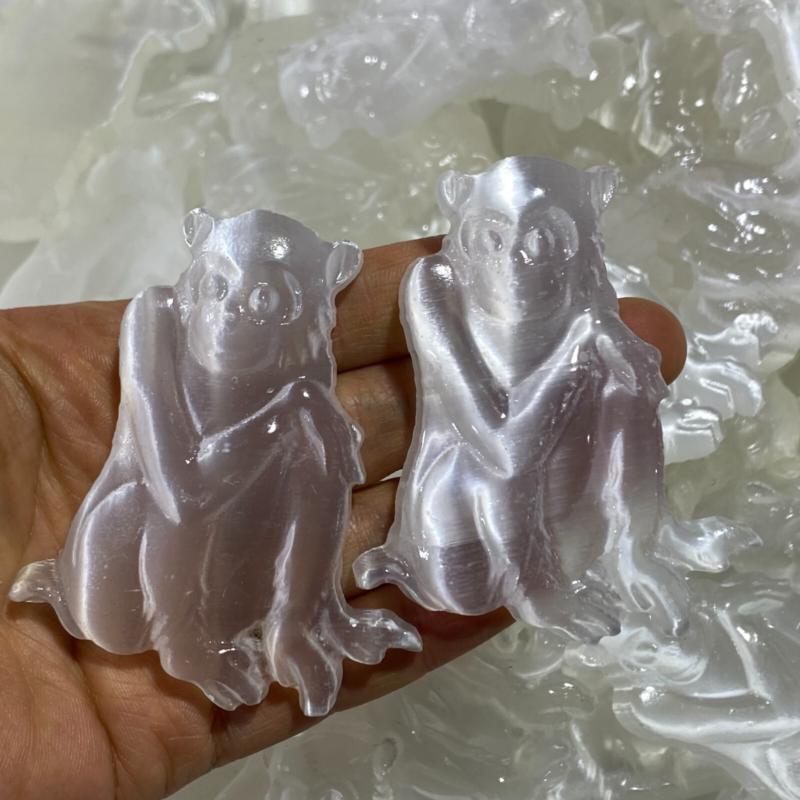 Natural Gypsum Selenite monkey Hand Carved Quartz Crystal Reiki healing 1PC