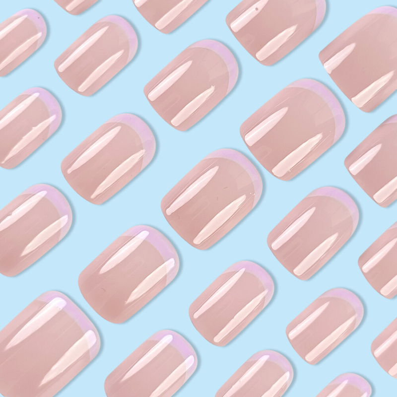 Square Short Press-On False Nail Nude Color Purple French Glossy Manicure 24pcs