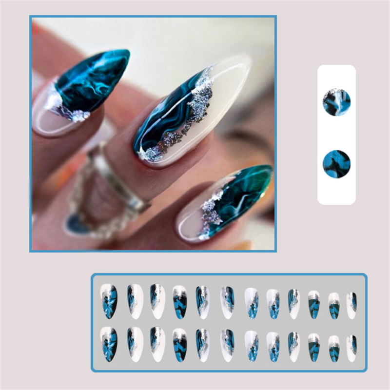 Blooming Sparkling False Nail Short Almond Press on Nails for Nail Art 24pcs