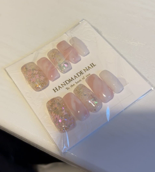 Nude Pink And White Acrylic Press On Nails Size Small,Medium Square Length