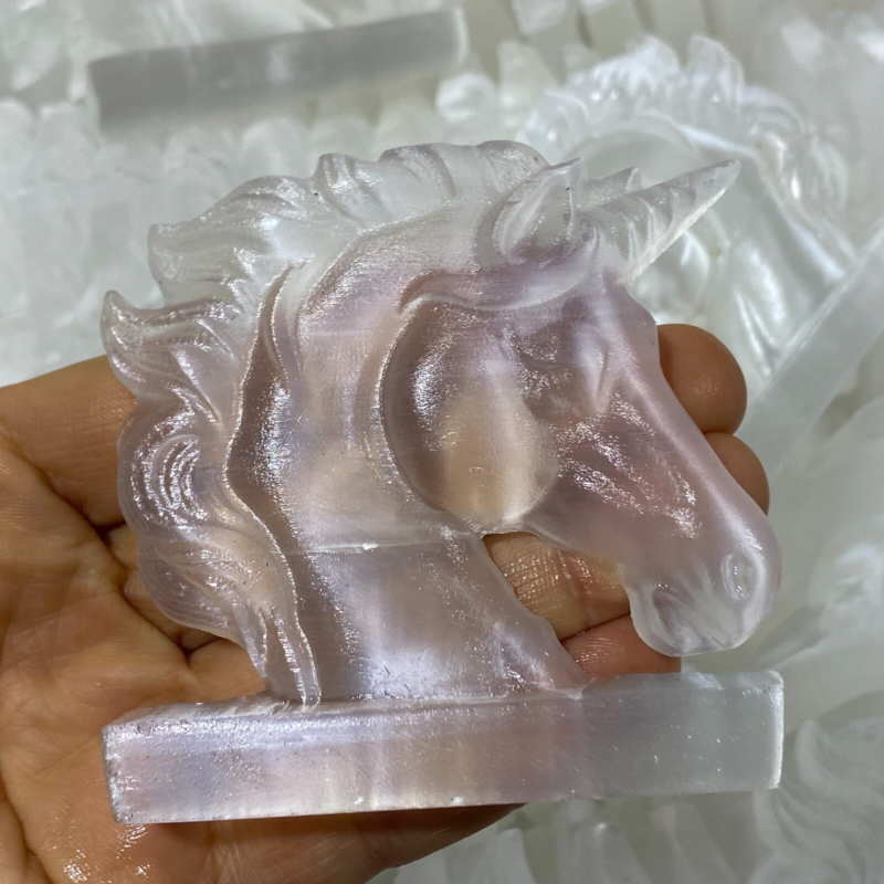 Natural Gypsum Selenite unicorn Hand Carved Quartz Crystal Reiki healing 1PC