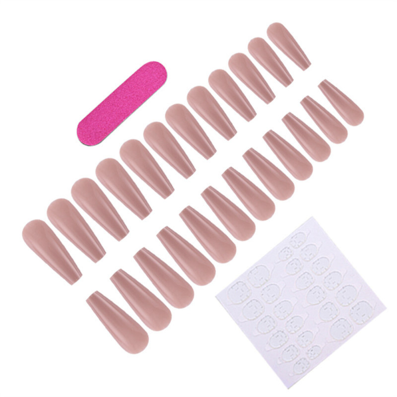 Coffin Long Press-On False Nail Fashionable Nude Color Glossy Manicure 24pcs