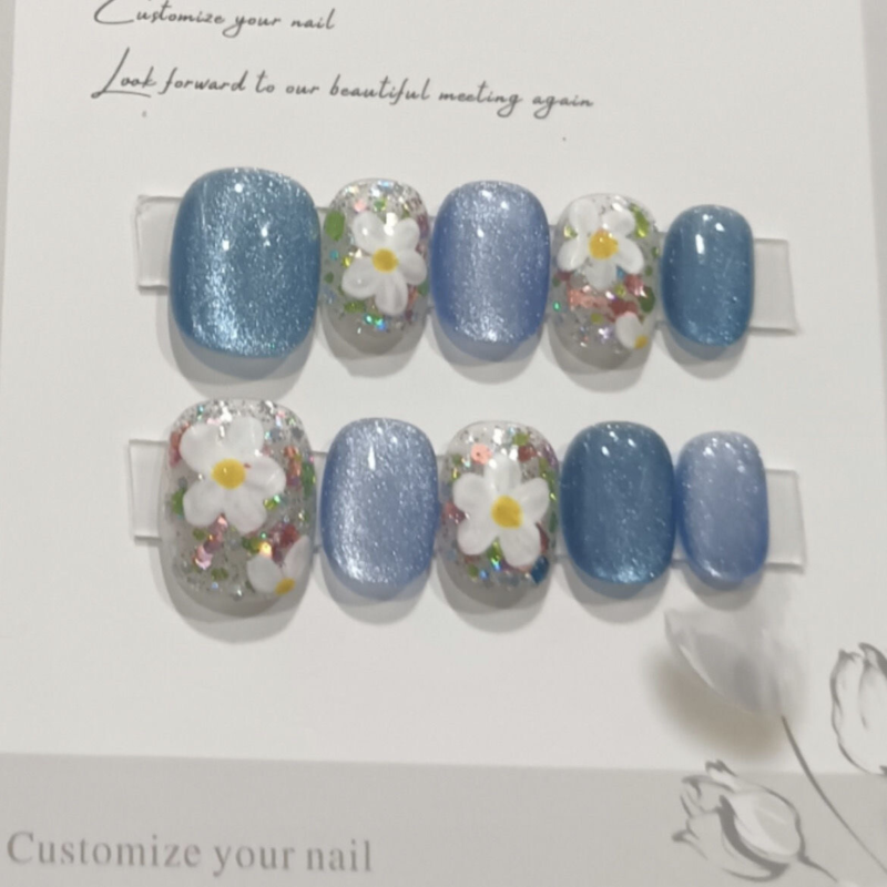 Handmade Painting Spring Colorful Flowers Short Almond Press on Nail Nail Art
