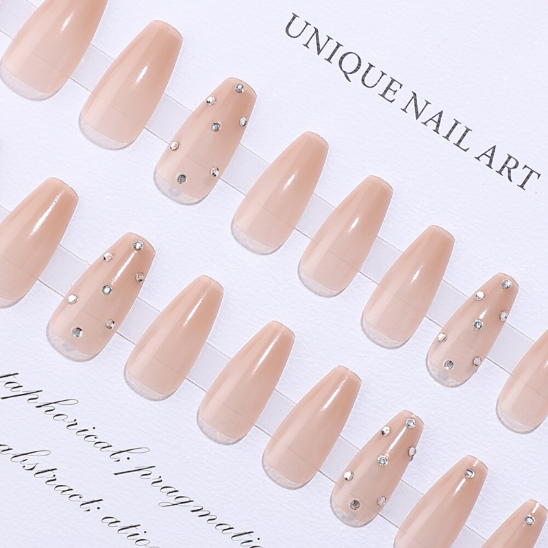 Coffin Long Press-On Fake Nail Sparkling Diamonds Nude Color Manicure 24pcs