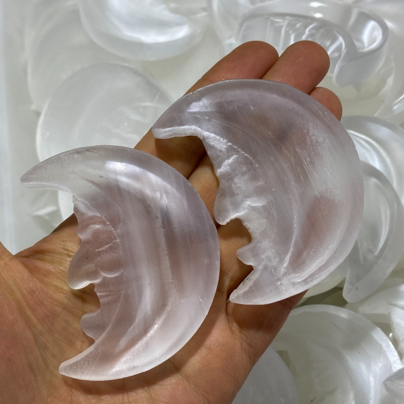 Natural Gypsum Selenite moon Hand Carved Quartz Crystal Reiki healing 1PC