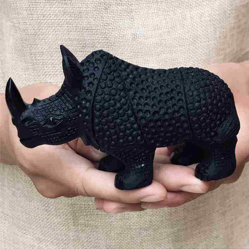 0.33kg Natural obsidian rhinoceros carved Quartz Crystal skull Healing