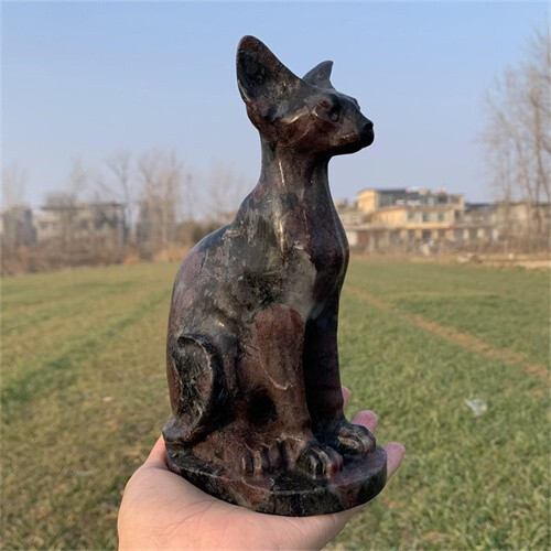 1.46kg Natural Carved Garnet Cat Figurines Reiki Quartz Crystal Skull Decor