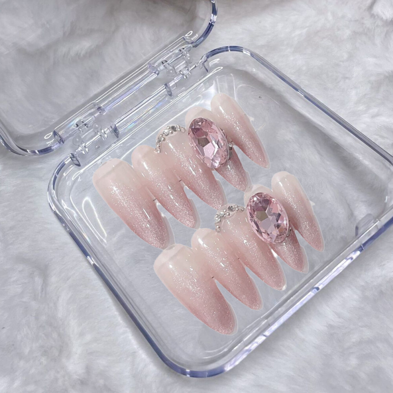 10PCS Handmade Fake Nail Glitter Pink Diamond Almond Press on Nails for Nail Art