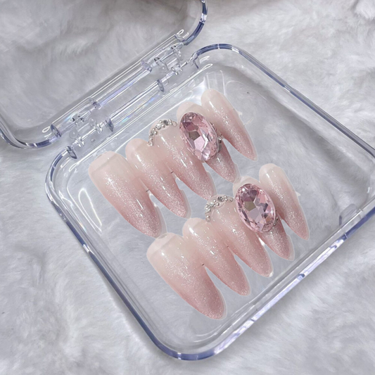 10PCS Handmade Fake Nail Glitter Pink Diamond Almond Press on Nails for Nail Art