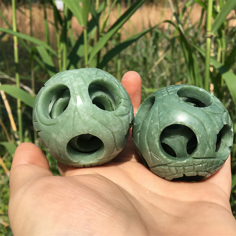 2" Natural green jade Exquisite Carved sphere Quartz Crystal reiki ball care