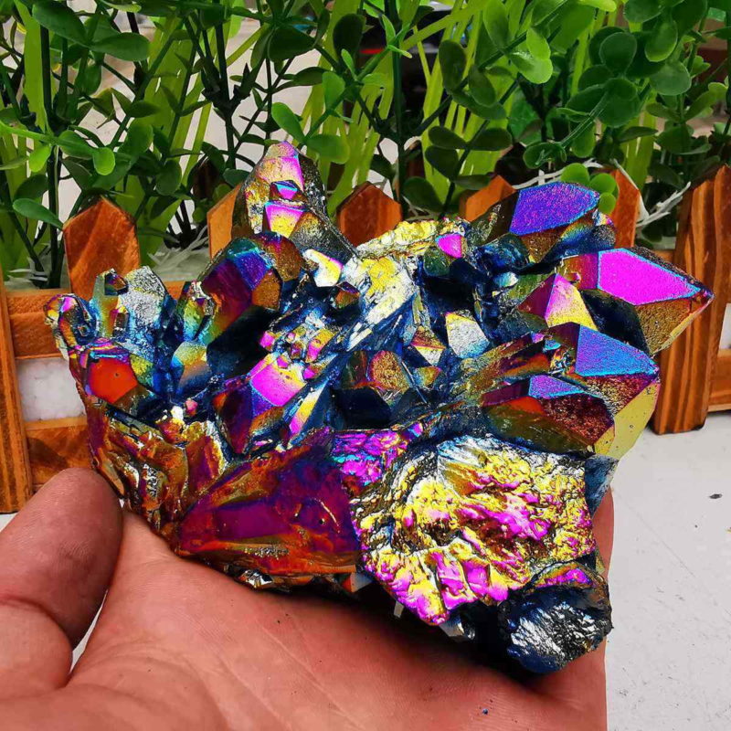 380gColor Flame Aura Electroplate Quartz Crystal Cluster Specimen Healing Stone
