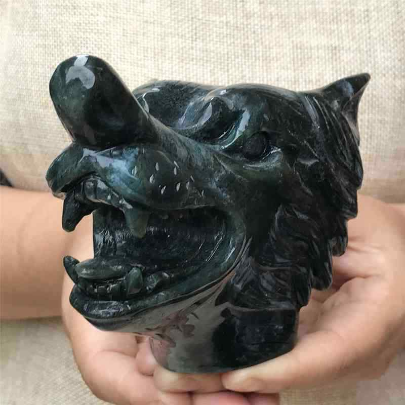 0.77kg Natural moss agate Wolf skull carved Quartz Crystal skull Healing