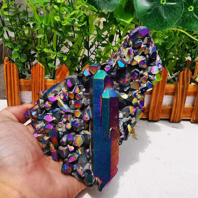 596gColor Flame Aura Electroplate Quartz Crystal Cluster Specimen Healing Stone