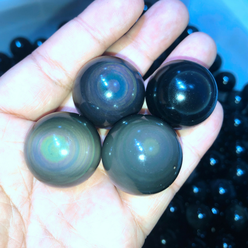 Rainbow Natural Unique Cats Eye Obsidian Quartz Crystal Sphere Ball
