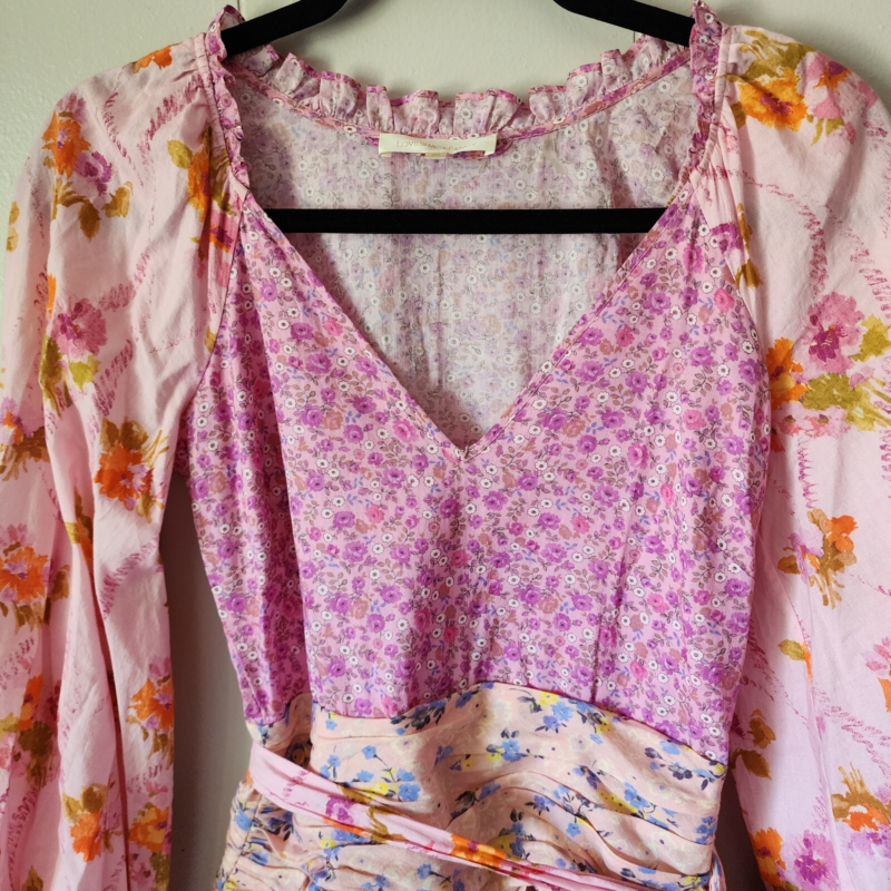 LOVESHACKFANCY Rina Floral Print Ruffled Mini Dress, Exploded Pink Size 00