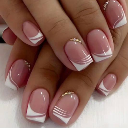 24 Pcs French Tip Press-On Nails  Short Square Fake Nails with Nude Pink StickOn