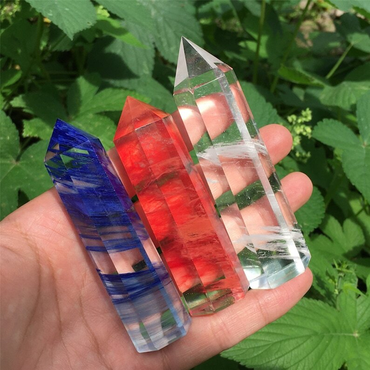 3PC Red+Blue+Clear Melting Stone Obelisk Quartz Crystal Wand Point Decoration