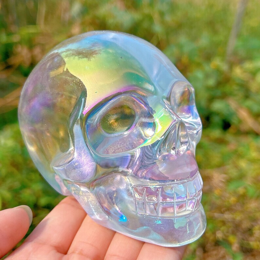 Titanium Rainbow Clear Melting stone Crystal Skull Reiki Heal Mineral Samples