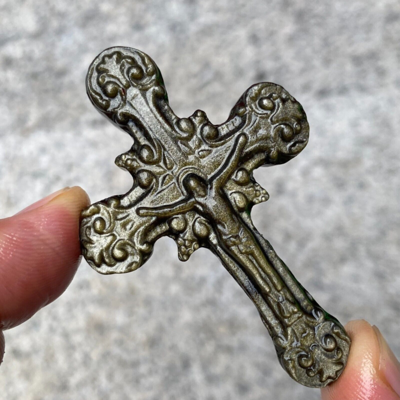 TOP Natural gold Obsidian Quartz cross crystal Hand Carved Healing 1PC