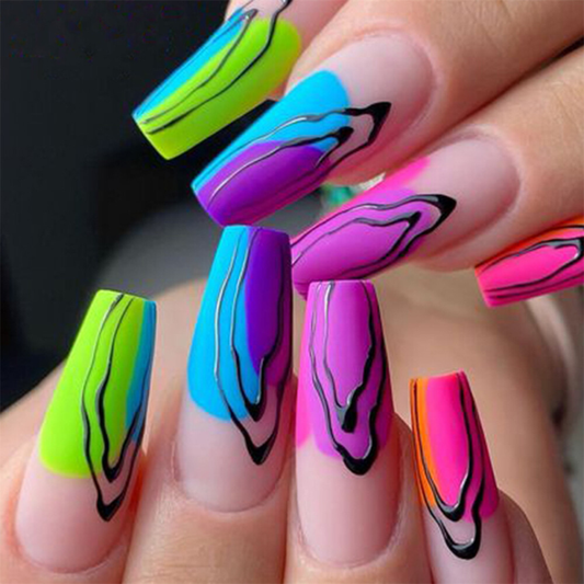 Coffin Medium False Nail Colorful Graffiti Press on Nails for Nail Art 24pcs