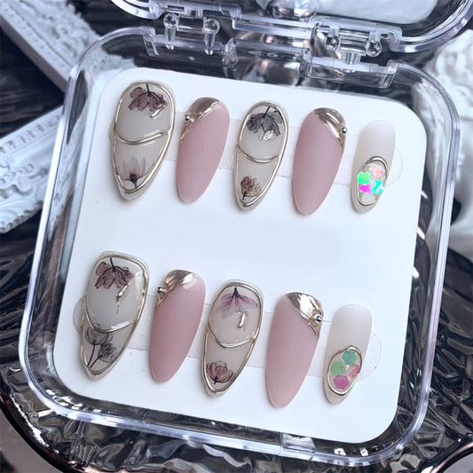 Handmade Fake Nail Dream Flowers Short Almond Press on Nails for Nail Art 10PCS