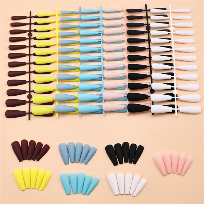 7Colors Coffin Long Press-On Fake Nail Soild Color Matte Summer Manicure 168pcs