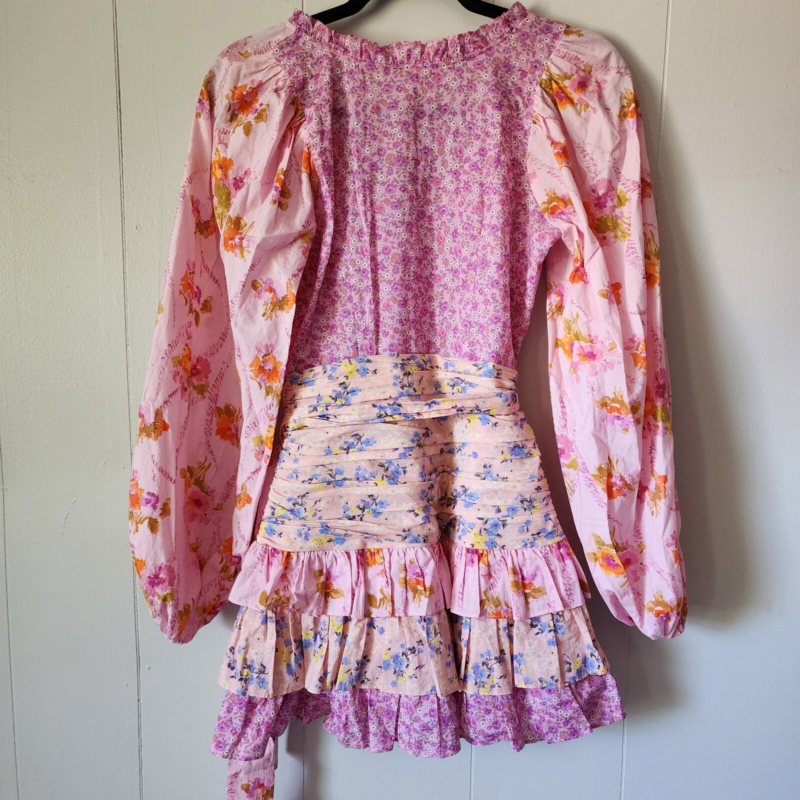 LOVESHACKFANCY Rina Floral Print Ruffled Mini Dress, Exploded Pink Size 00