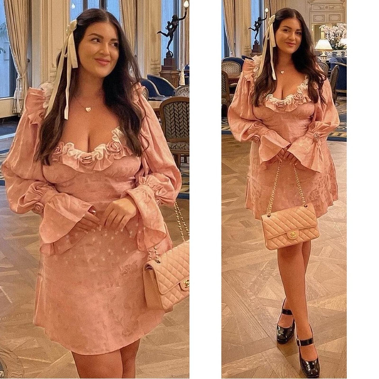 NWT For Love and Lemons Pink Rosalia Ruffle Floral Jacquard Mini Dress Size M