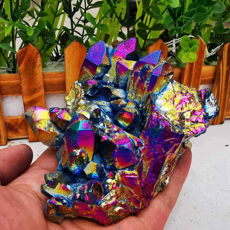 380gColor Flame Aura Electroplate Quartz Crystal Cluster Specimen Healing Stone