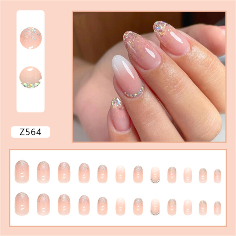 Glitter Gradient Pink False Nail Short Almond Press on Nails for Nail Art 24pcs