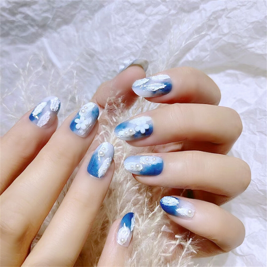 Blooming Blue Pearl False Nail Medium Almond Press on Nails for Nails Art 24pcs