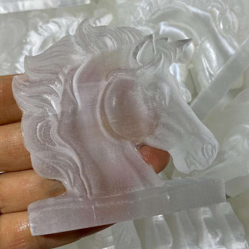 Natural Gypsum Selenite unicorn Hand Carved Quartz Crystal Reiki healing 1PC