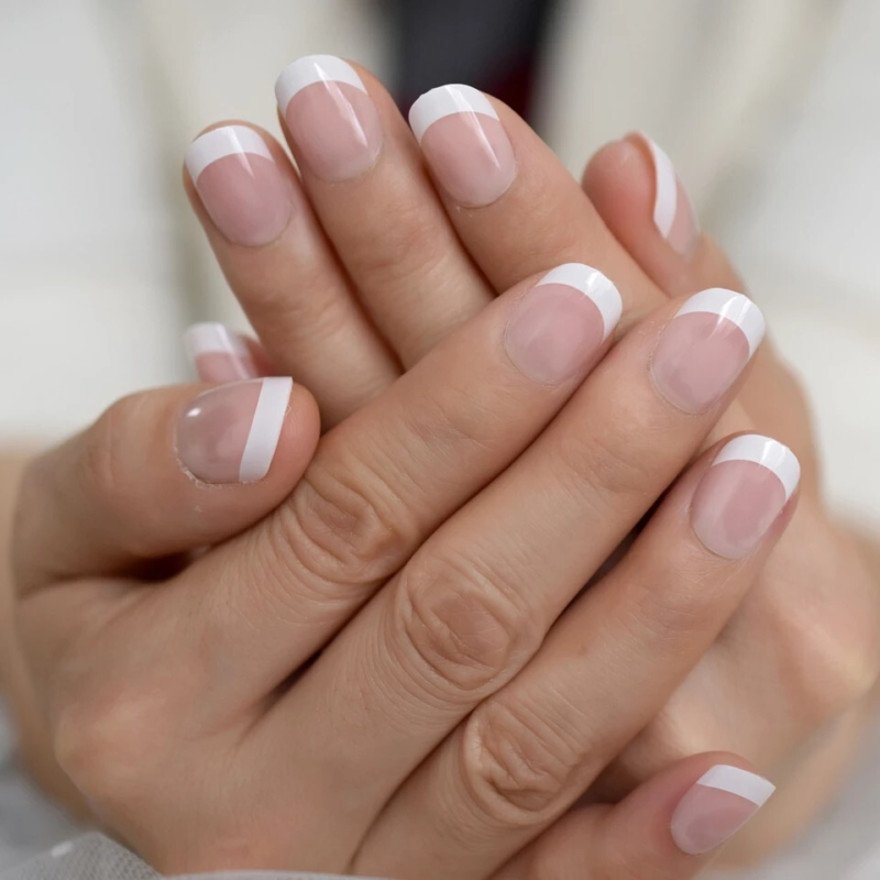 24 Short French pink nude Press on Nails Kit w glue rounded mani oval