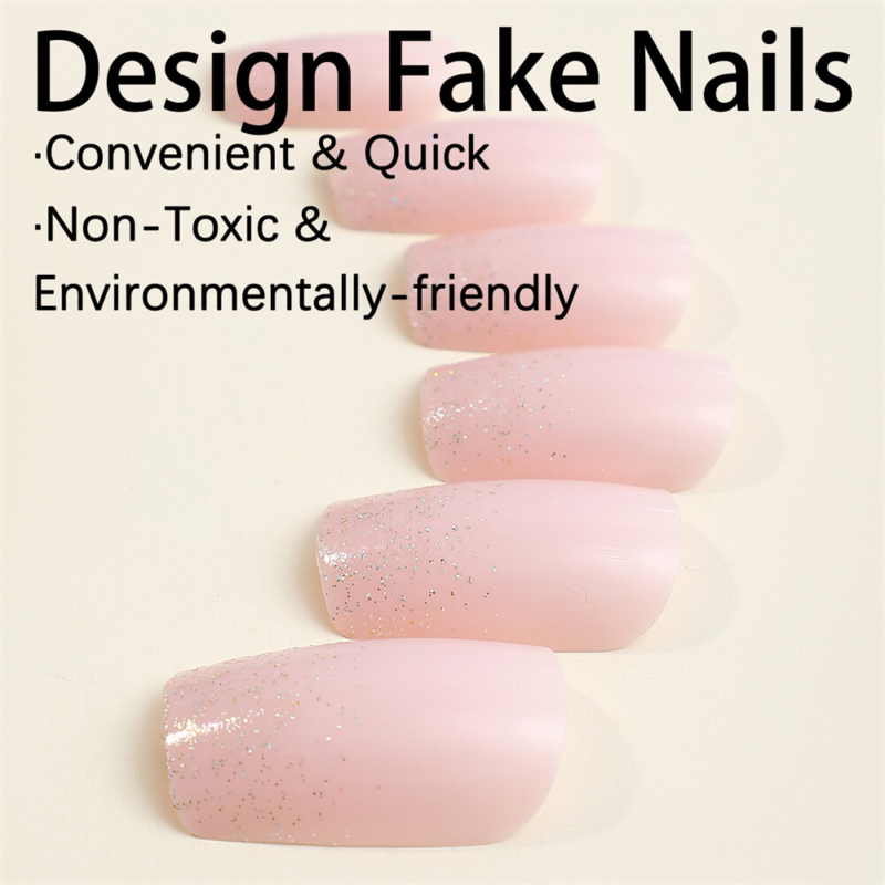 Glitter Pink Color False Nail Medium Square Press on Nails for Nail Art 24pcs