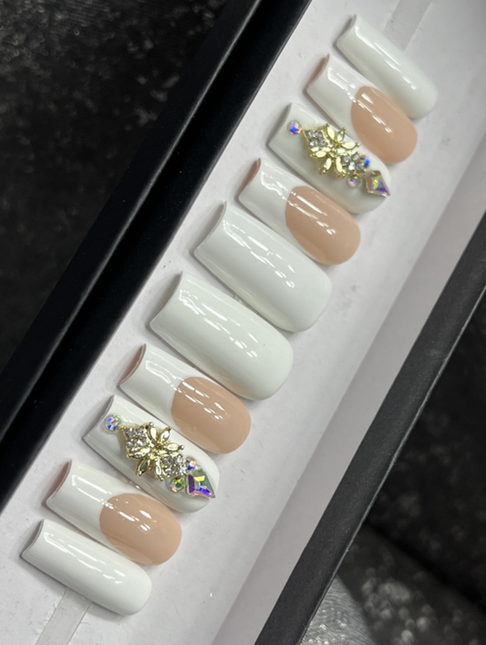 CUSTOM Gel Press On Nails, NUDE FRENCH BLING 10p FULL SET W Kit