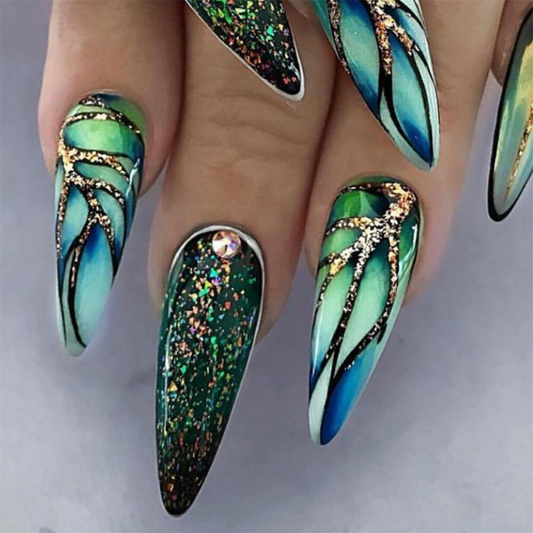 Sparkling Crack Green False Nail Short Almond Press on Nails for Nail Art 24pcs