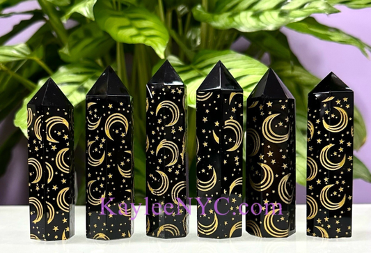 Wholesale Lot 1 Lb Natural Black Obsidian Etched Moon & Star Obelisk Tower Point