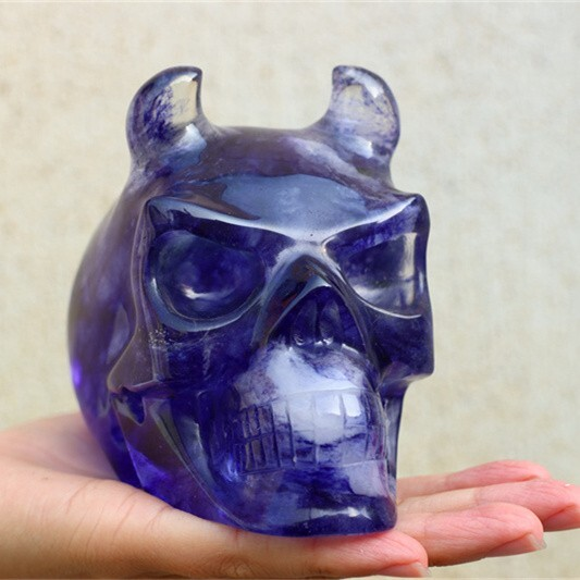 920g Blue Smelting Stone Cow skull Carved Reiki Quartz Crystal Skull Healing Min