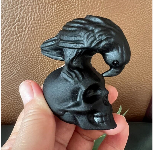 TOP ! Natural Obsidian Hand Carved Crow Skull Crystal Quartz Reiki Healing 1PC