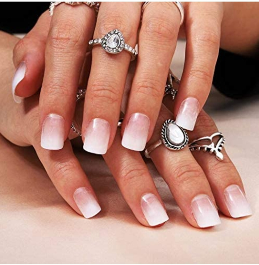 24 Short Press on nails kit w glue OMbre French nude white square