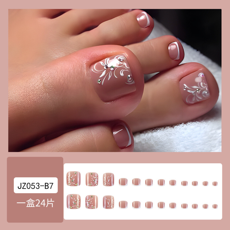 Fashionable Toe Press-On Fake Nail Borken Diamonds White French Pedicure 24pcs