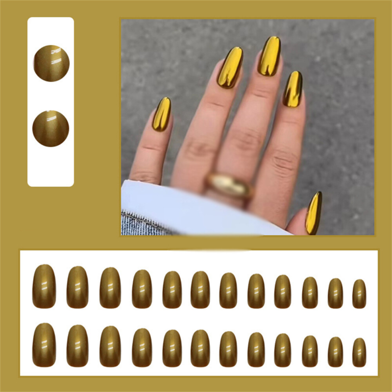 Aurora Gold Glossy False Nail Short Almond Press on Nails for Nail Art 24pcs