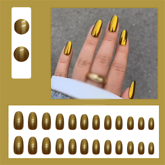 Aurora Gold Glossy False Nail Short Almond Press on Nails for Nail Art 24pcs