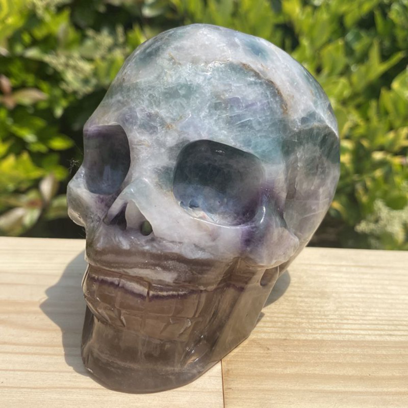 1257g Natural Beantiful Fluorite Quartz Skull Hand Carved Crystal Healing Skull