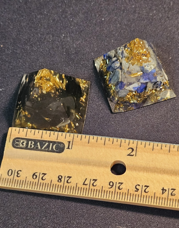 2 Orgonite Resin Pyramids Lapis Lazuli Black Onyx Gold Leaf Stone Chips Reiki