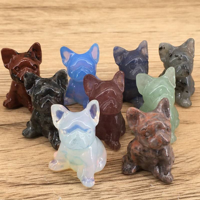Natural Quartz Crystal Carved Rough Stone French Bulldog Healing Animal Decor