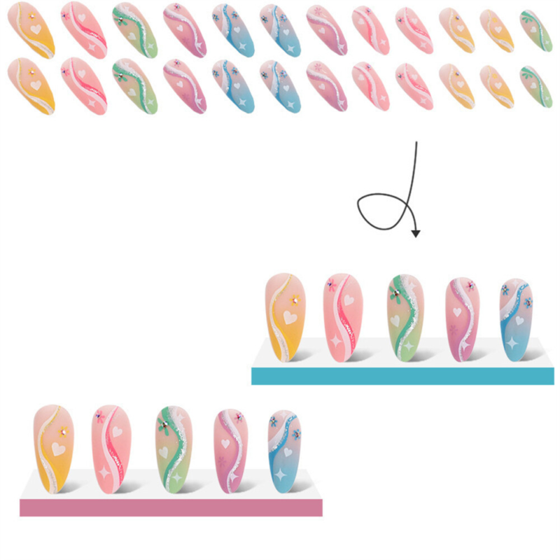Colorful False Nail with Heart Short Almond Press on Nails for Nail Art 24pcs