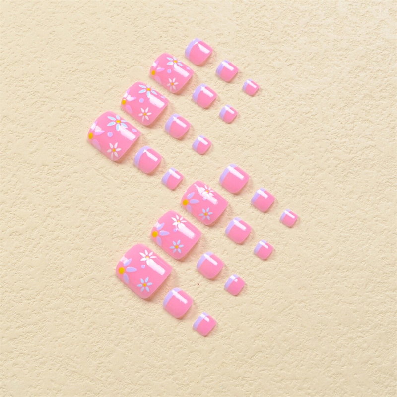 Summer Pink Toe Press-On Fake Nail Colorful Flowers Purple French Pedicure 24pcs