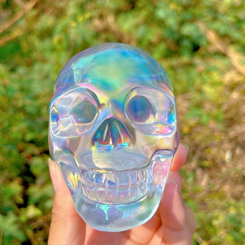 Titanium Rainbow Clear Melting stone Crystal Skull Reiki Heal Mineral Samples